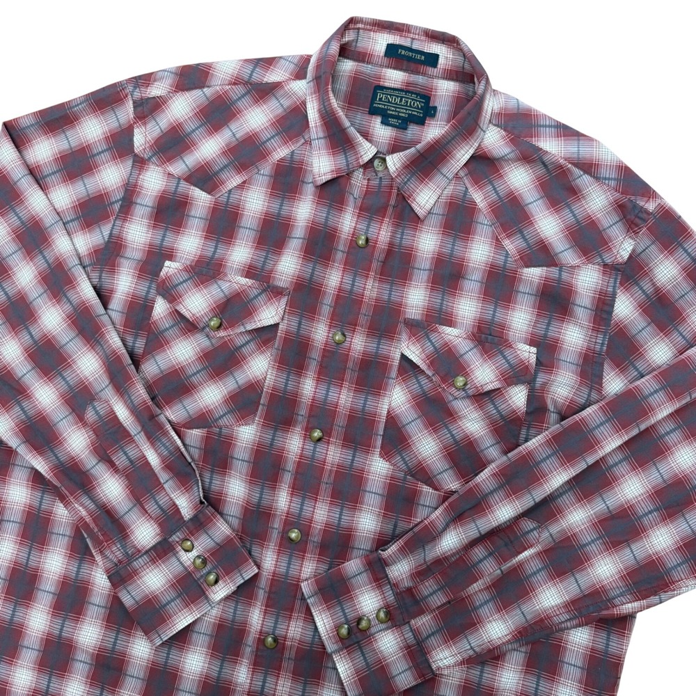 Pendleton Frontier Western Shirt Mens Large Red Plaid Snap Front Long Sleeve L